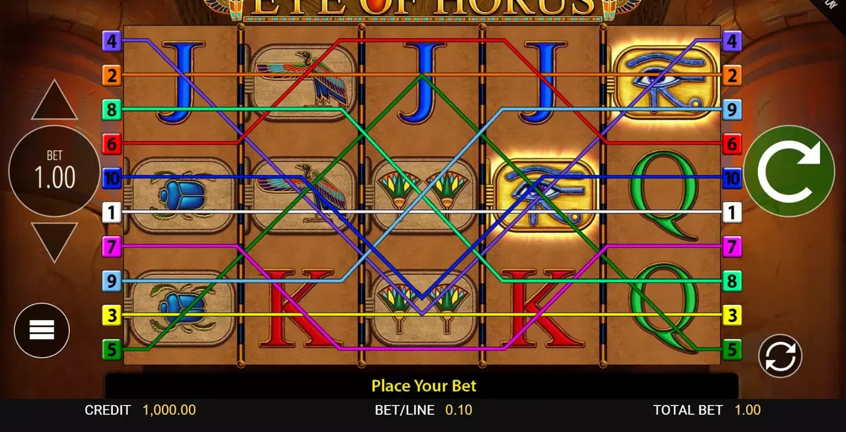 Eye of Horus Demo — Spielfeld mit ägyptischen Symbolen